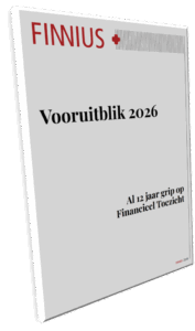 De cover van de Vooruitblik 2026; een witte achtergrond met zwarte letters en het Finnius logo in het rood